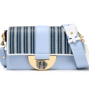 DIANE VON FURSTENBERG Stone Lock Bonne Journée Striped Faux Raffia-paneled BAG
